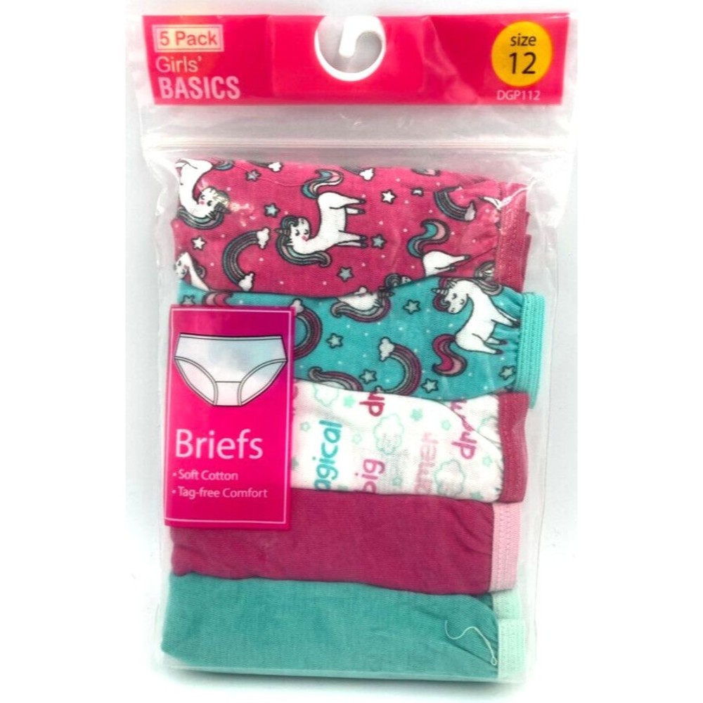 Girls Niñas Briefs 5 ct Pink Blue Panties Rainbows Unicorns Solids -  size 12